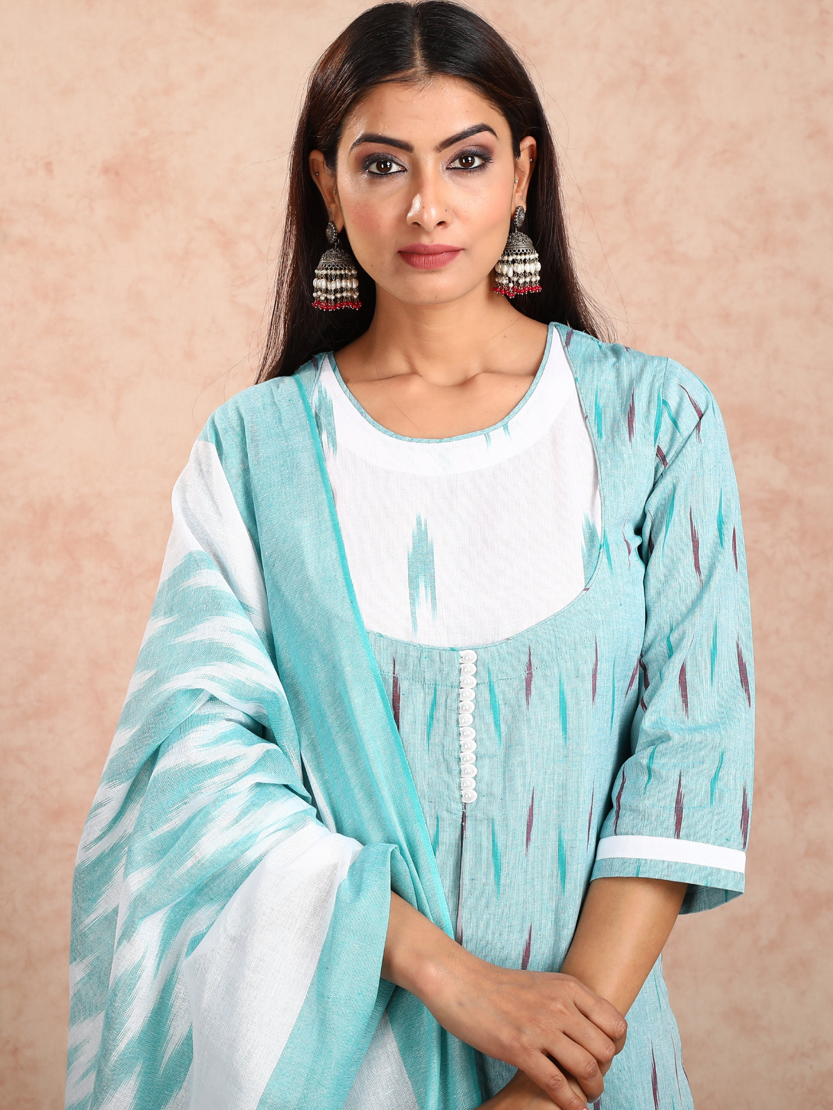 Turquoise & White Ikkat False Jacket Kurta UCK22133