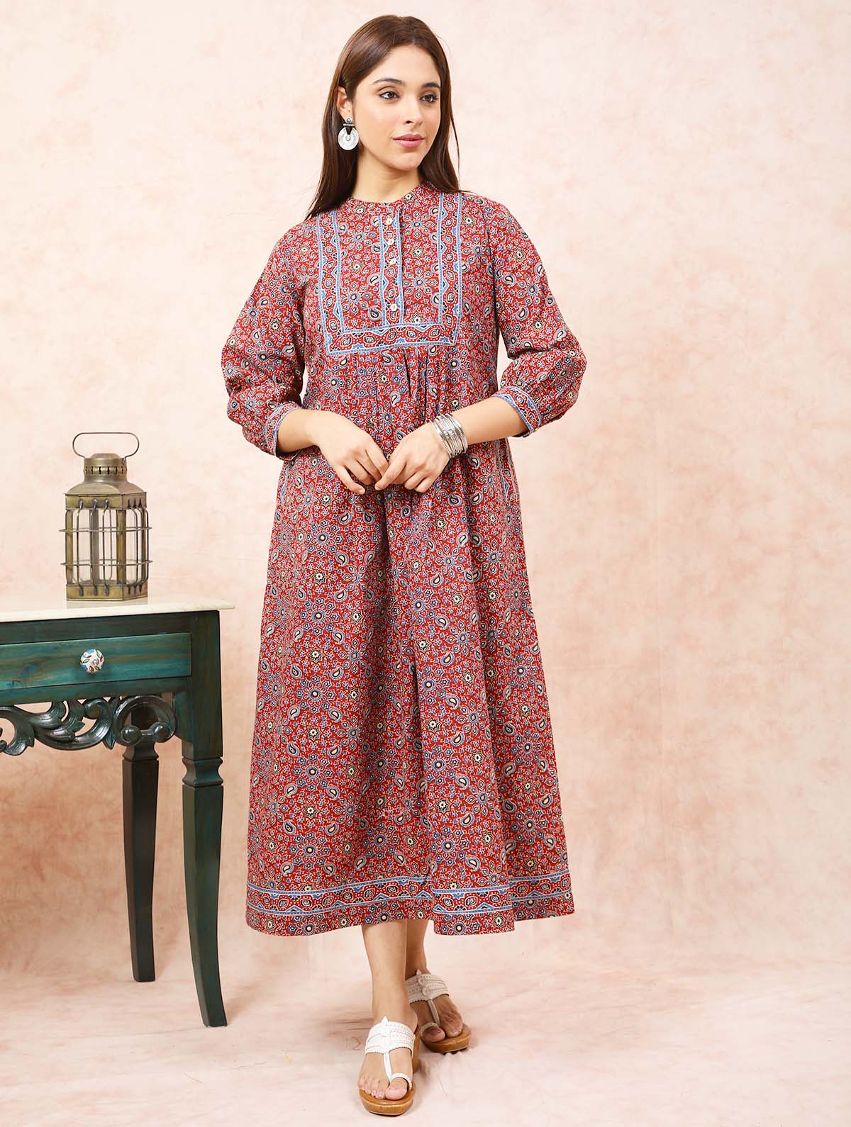 Maroon Ajrakh Print Dress UCD22100