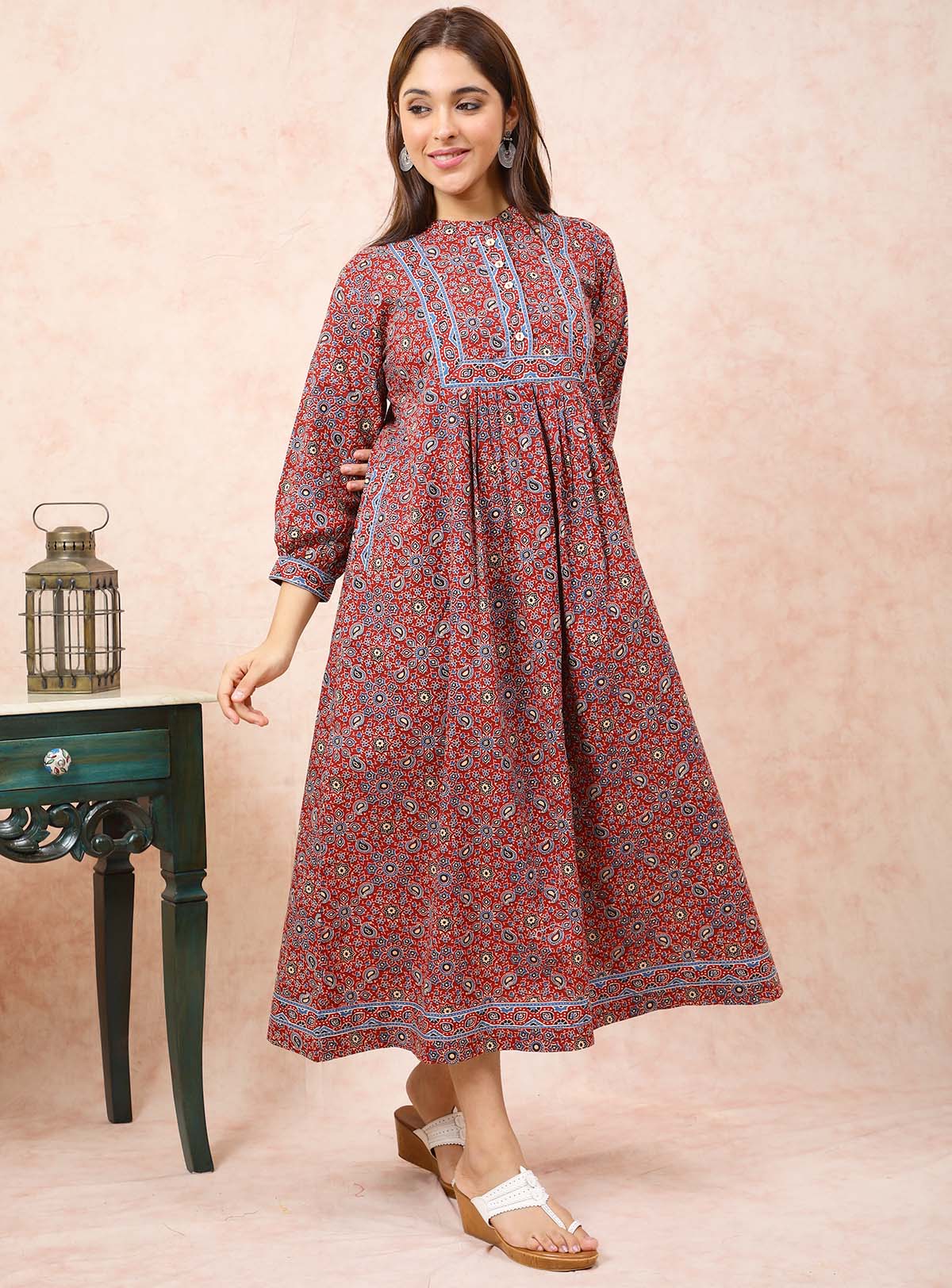 Maroon Ajrakh Print Dress UCD22100