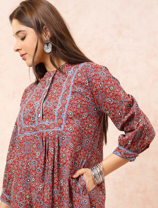 Maroon Ajrakh Print Dress UCD22100