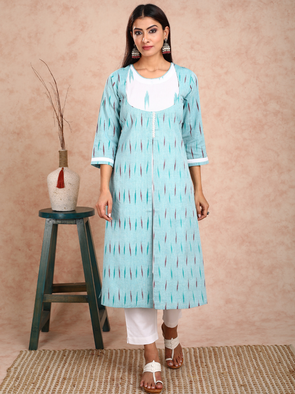 Turquoise & White Ikkat False Jacket Kurta UCK22133