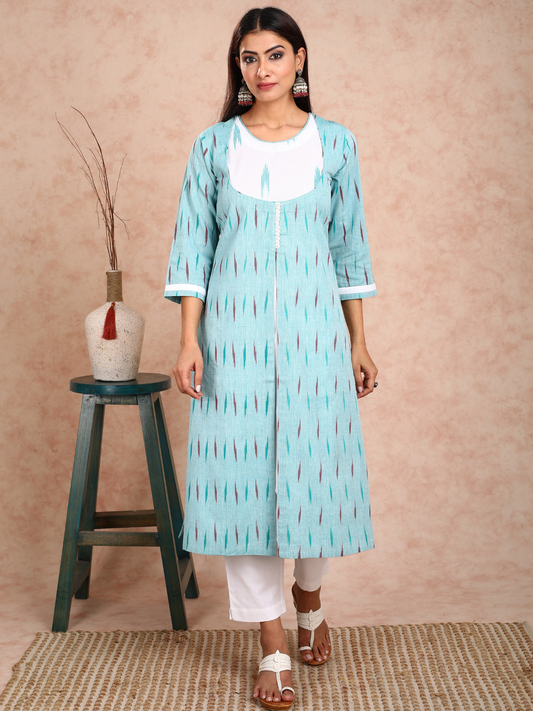 Turquoise & White Ikkat False Jacket Kurta UCK22133