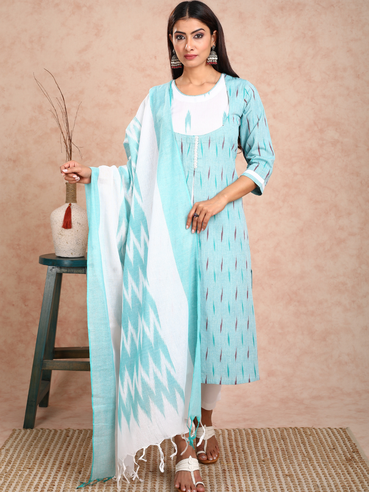 Turquoise & White Ikkat False Jacket Kurta UCK22133