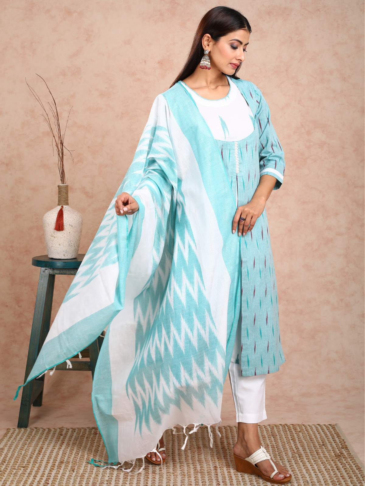 Turquoise & White Ikkat False Jacket Kurta UCK22133