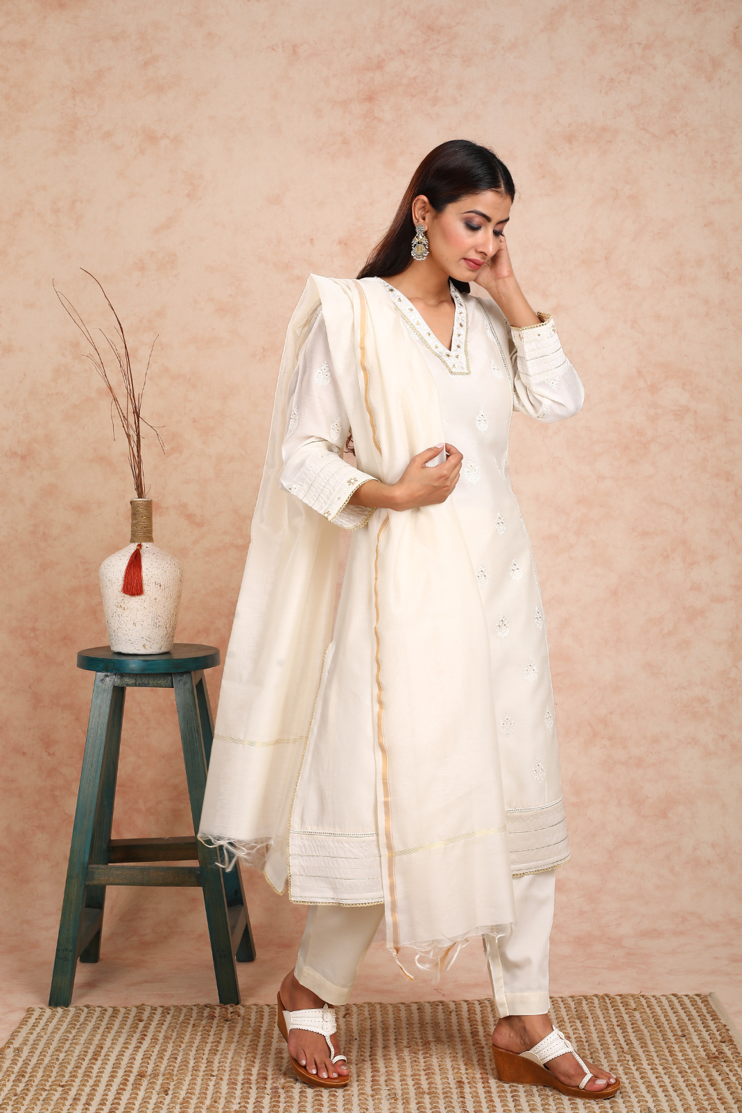 Ahilya Chanderi White Embroidered Kurta UCK22141