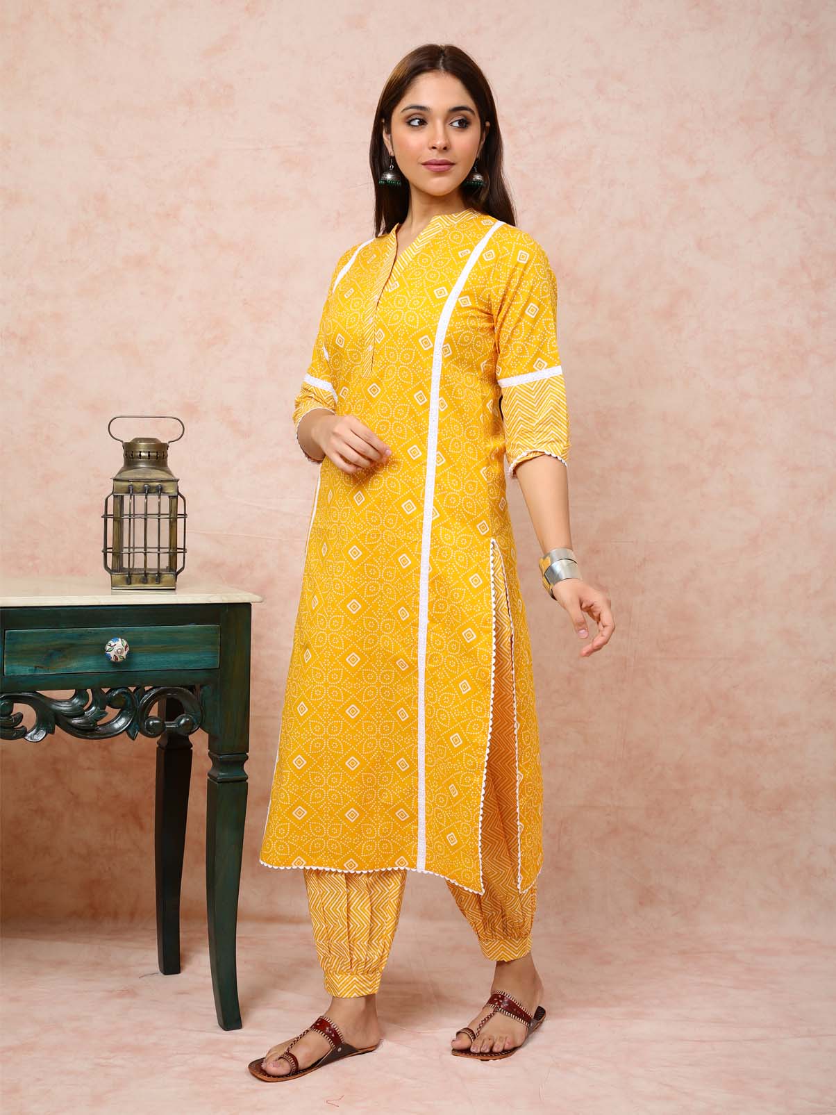 Bright Yellow Kurta With White Lace UCK22086