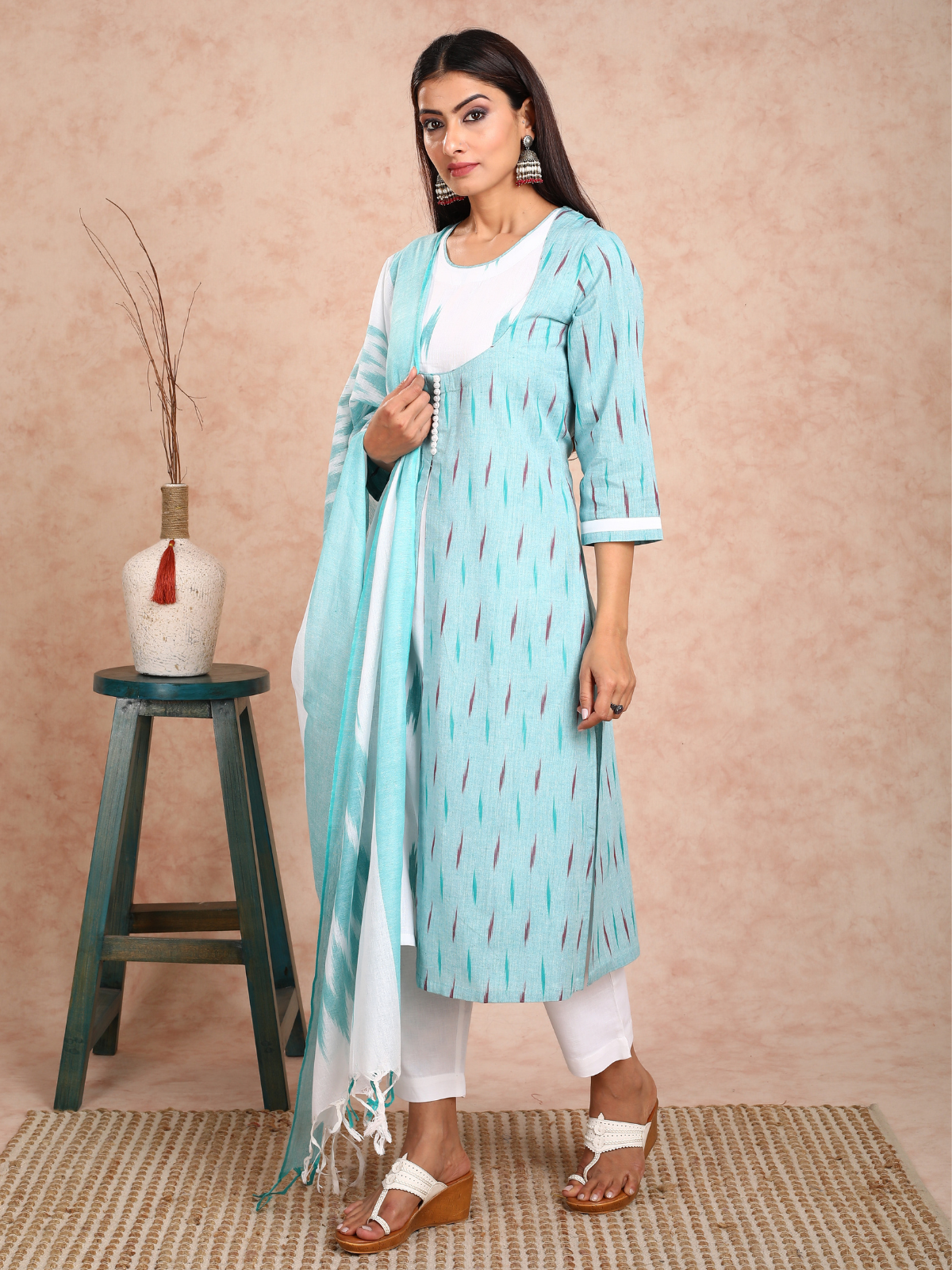 Turquoise & White Ikkat False Jacket Kurta UCK22133