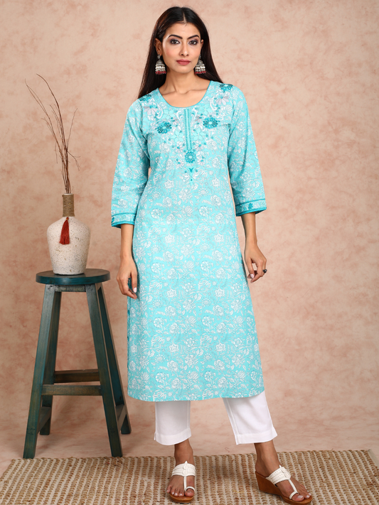 Blue Print Embroidered Neck A-Line Kurta UCK22135