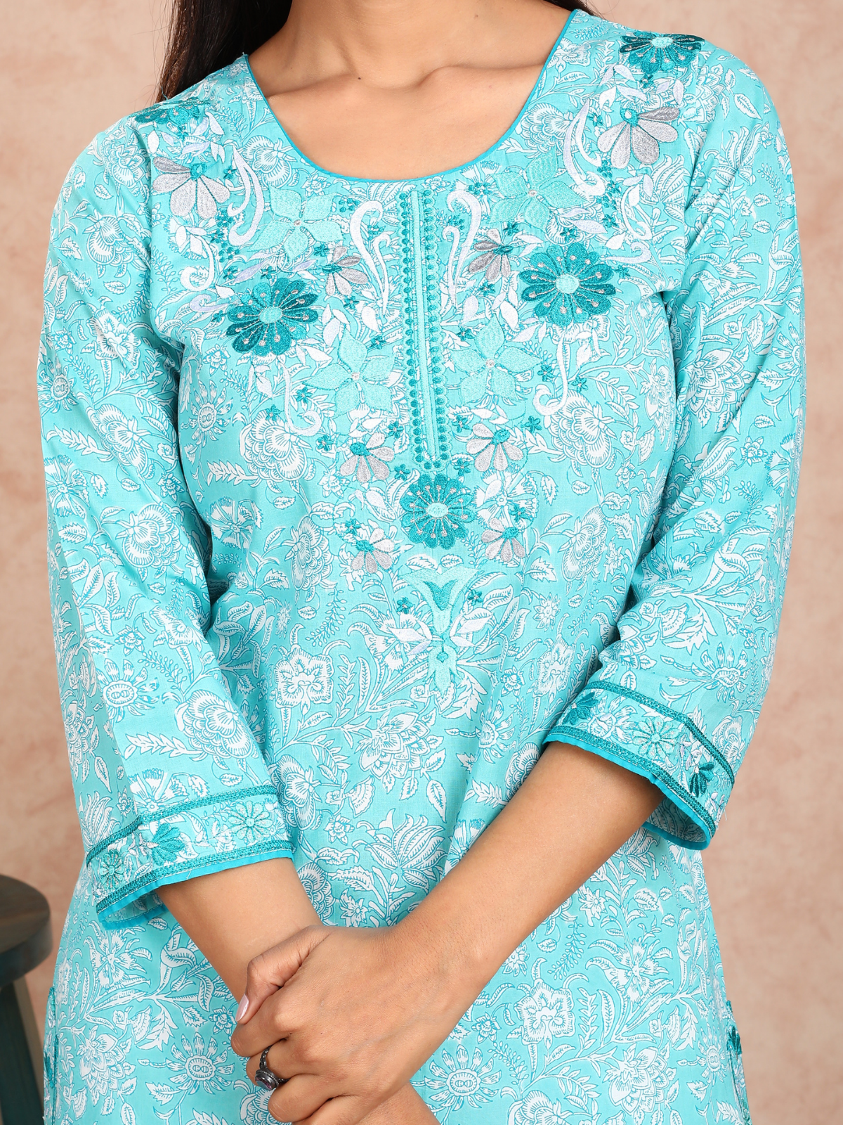 Blue Print Embroidered Neck A-Line Kurta UCK22135