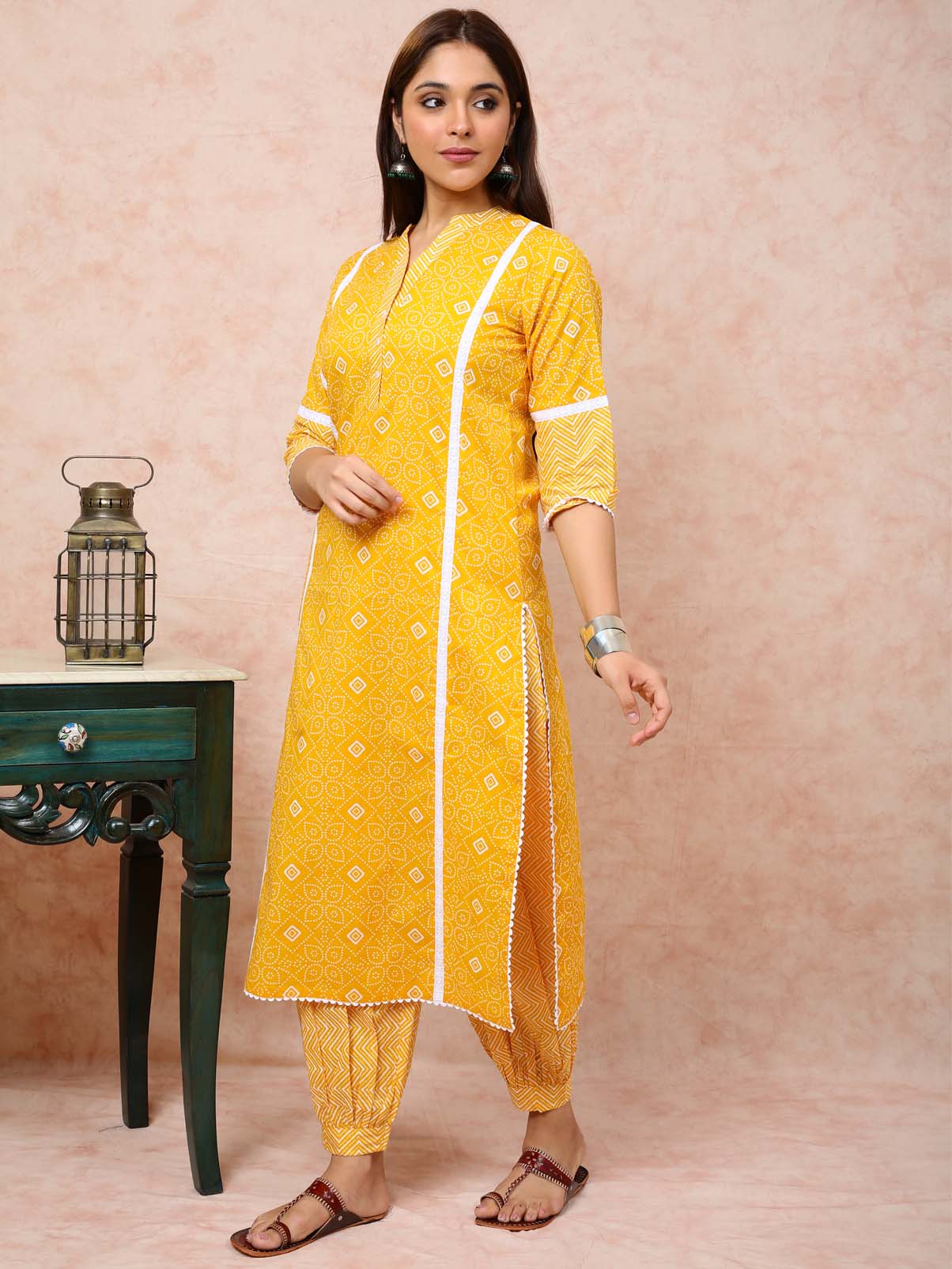 Bright Yellow Kurta With White Lace UCK22086