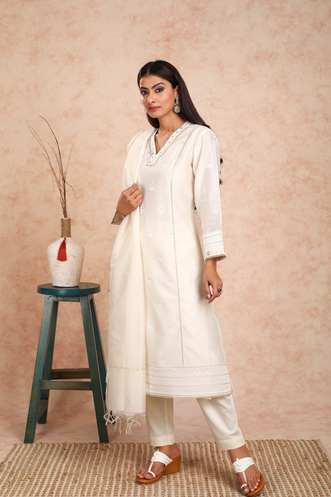 Ahilya Chanderi White Embroidered Kurta UCK22141