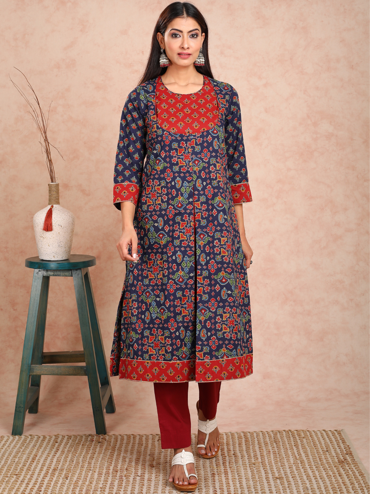 Blue & Red Baisah False Jacket Kurta UCK22138