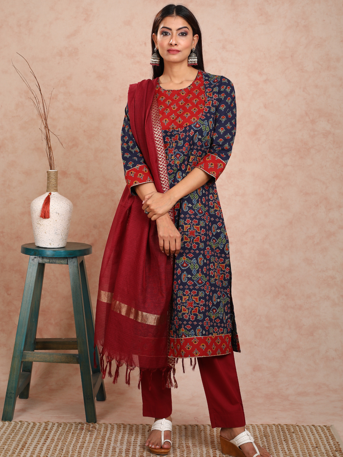 Blue & Red Baisah False Jacket Kurta UCK22138