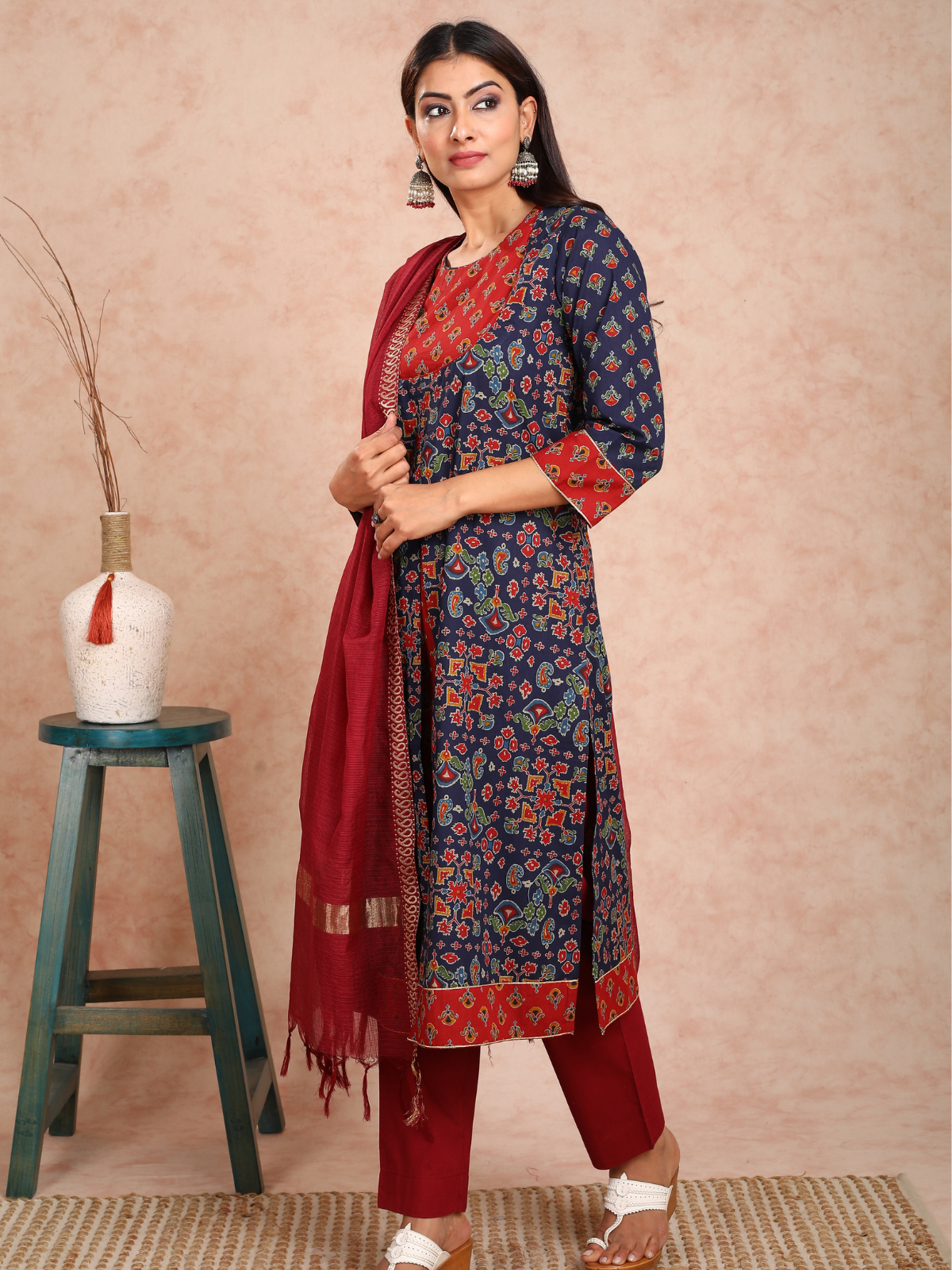Blue & Red Baisah False Jacket Kurta UCK22138