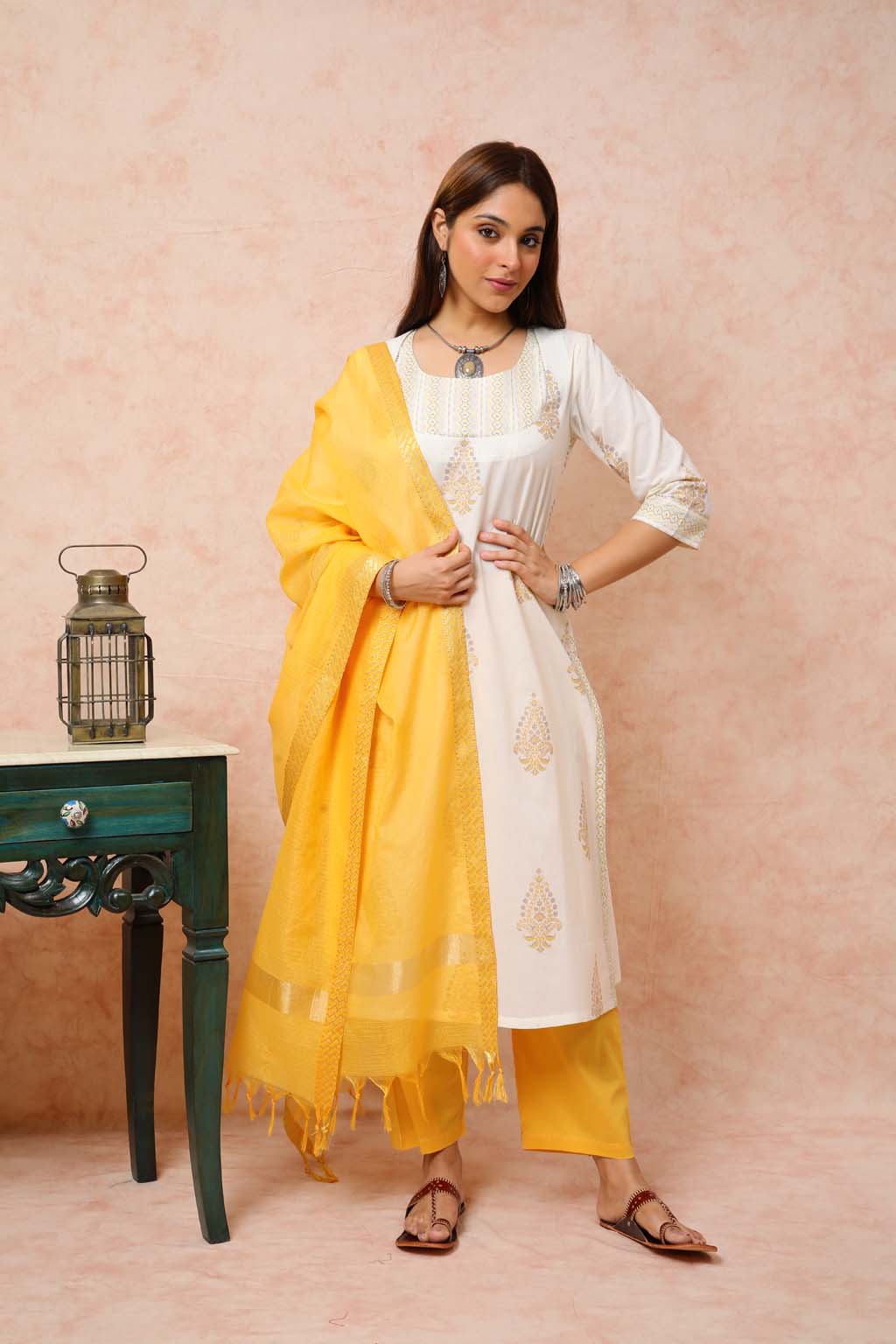 Yellow & cream A line Kurta UCK22082