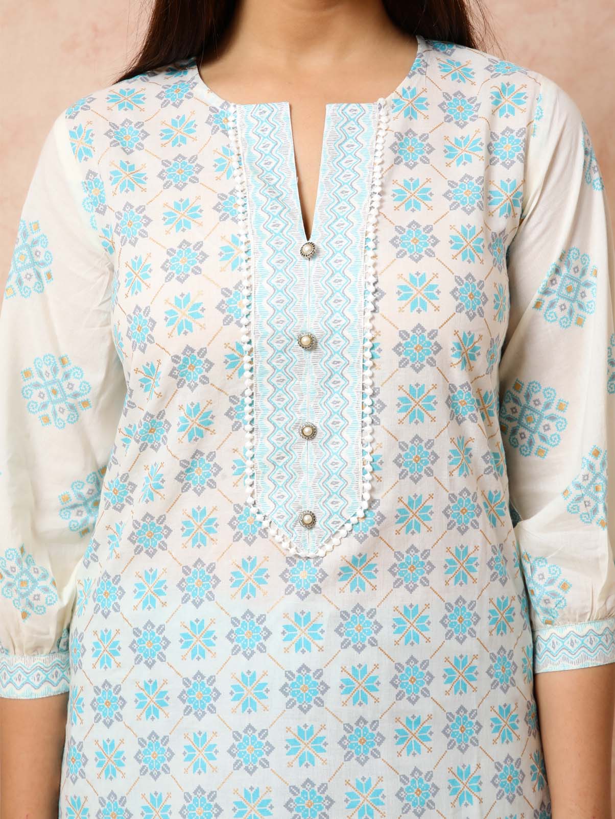 Blue & Cream Printed Straight Kurta UCK22080