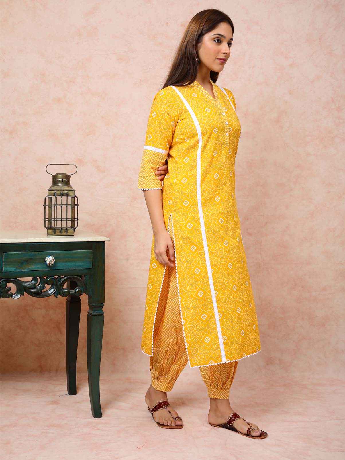 Bright Yellow Kurta With White Lace UCK22086