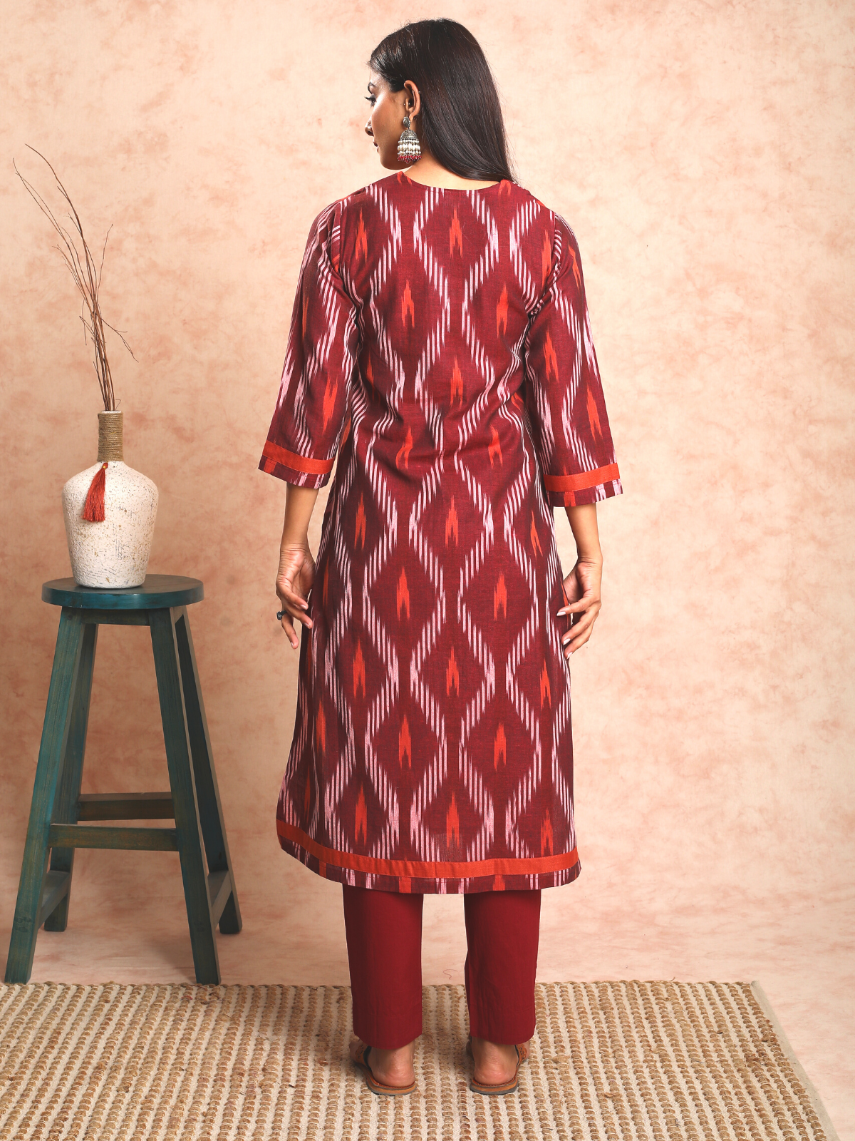 Maroon & Rust Ikkat False Jacket Kurta UCK22140