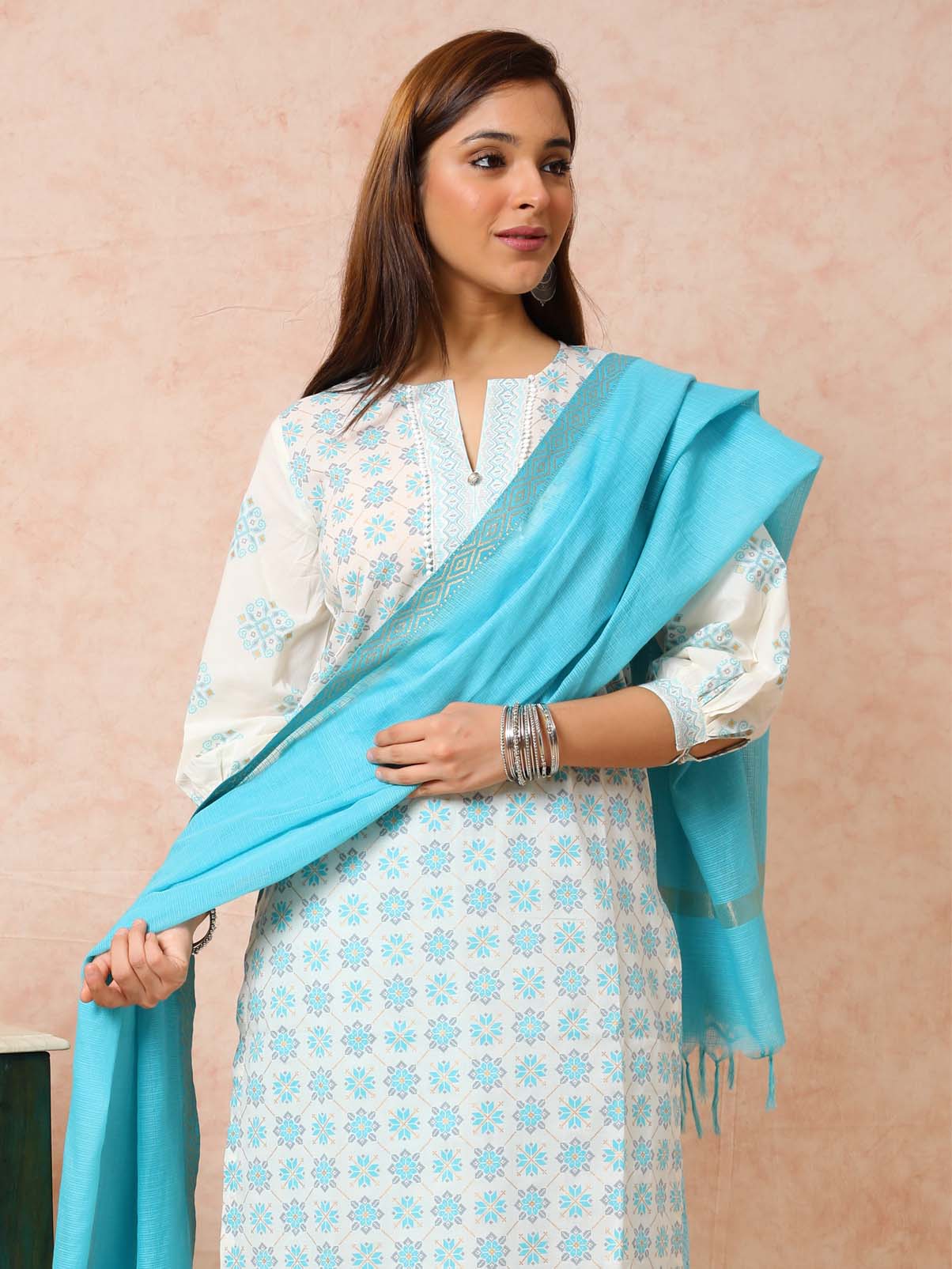 Blue & Cream Printed Straight Kurta UCK22080