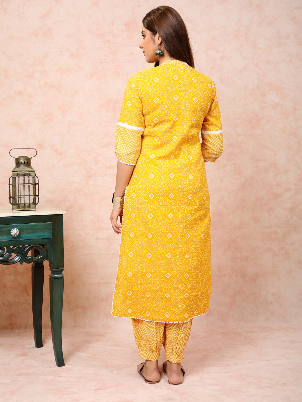 Bright Yellow Kurta With White Lace UCK22086