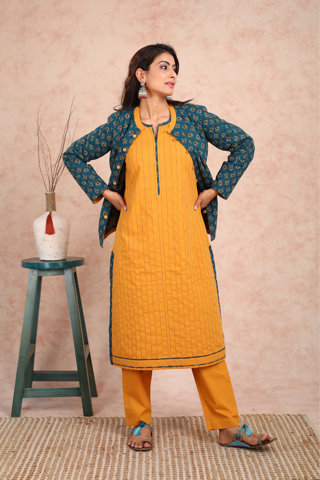 Baisah Printed Reversible Quilted Green Jacket (With Sleeves) UCJ0002F
