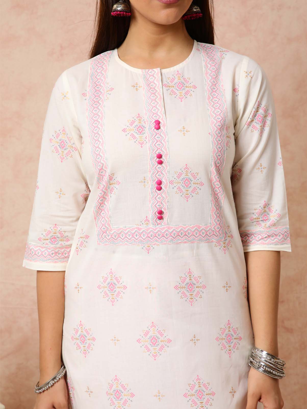 Pink & Cream Printed Straight Kurta UCK22078