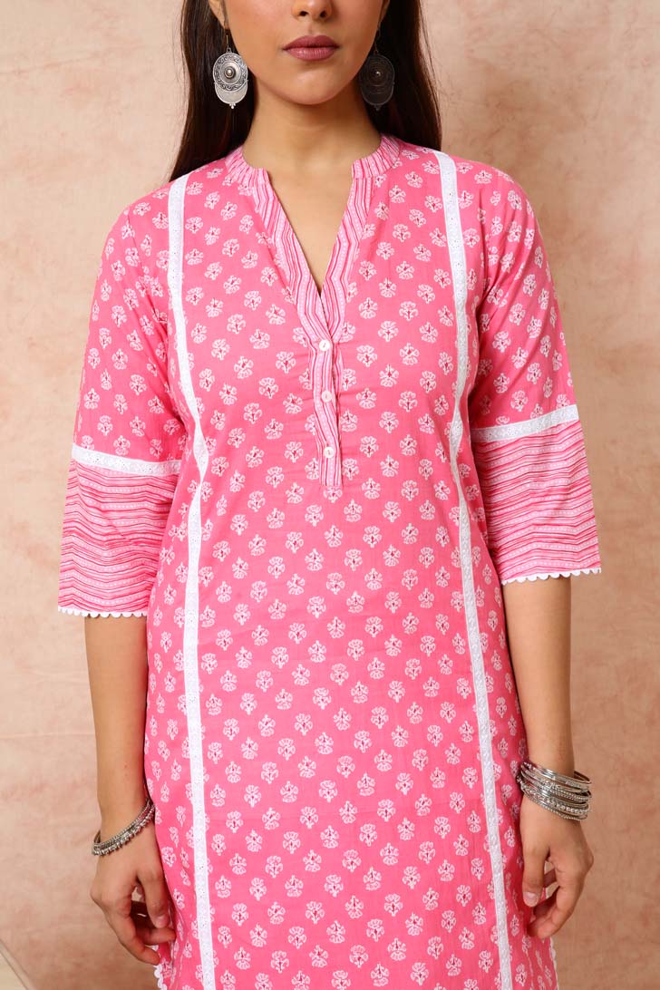 Bright Pink Kurta with White Lace UCK22085
