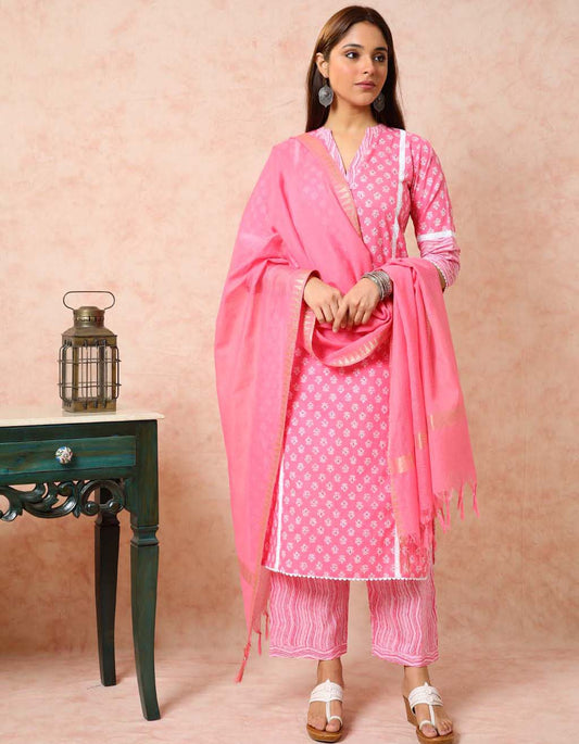 Bright Pink Kurta with White Lace UCK22085