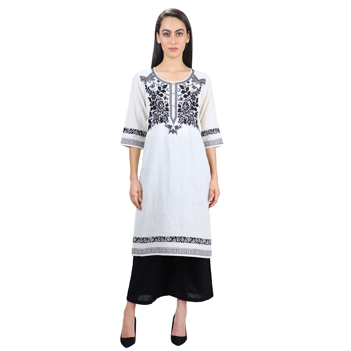 Handloom Fabric Classic Black and White Embroidered Kurti UCK22021