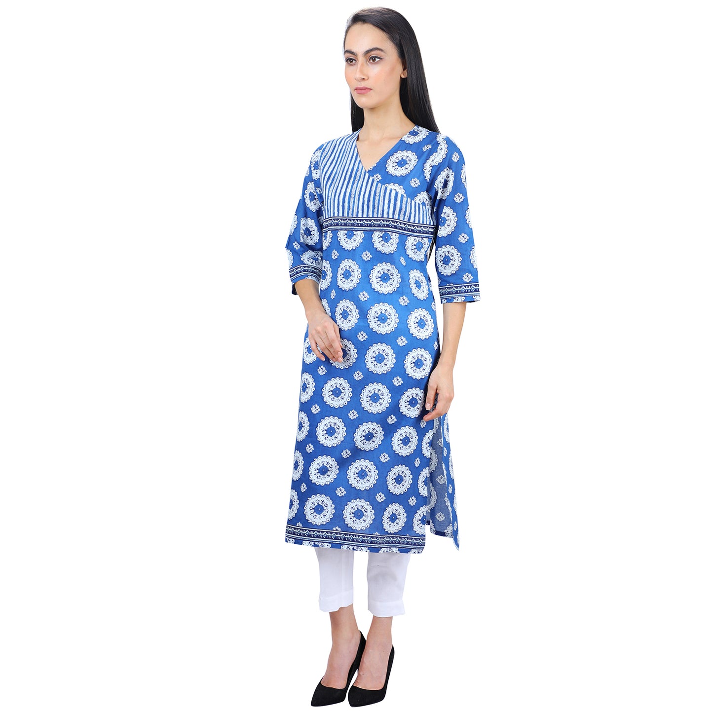 Indigo Print Smart Casual Wear Fusion Ladies Kurti UCK22018