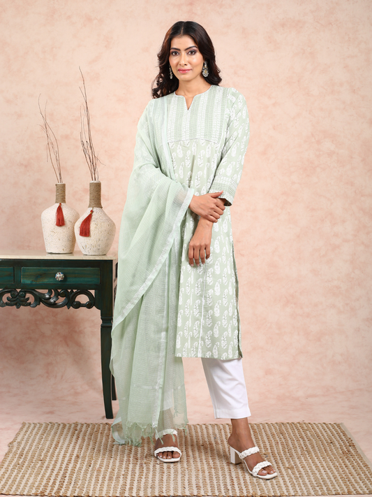 Green Paisley & Cream Print Adab Kurta UCK22119
