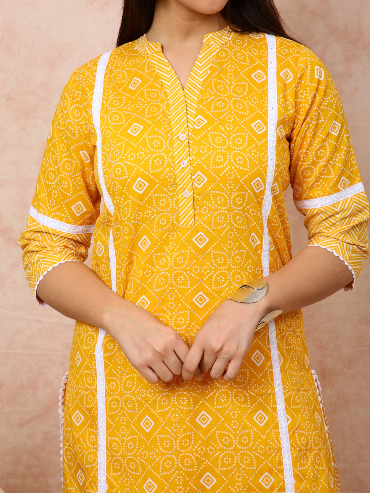 Bright Yellow Kurta With White Lace UCK22086