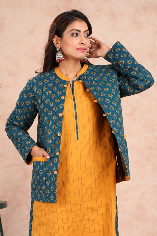 Baisah Printed Reversible Quilted Green Jacket (With Sleeves) UCJ0002F