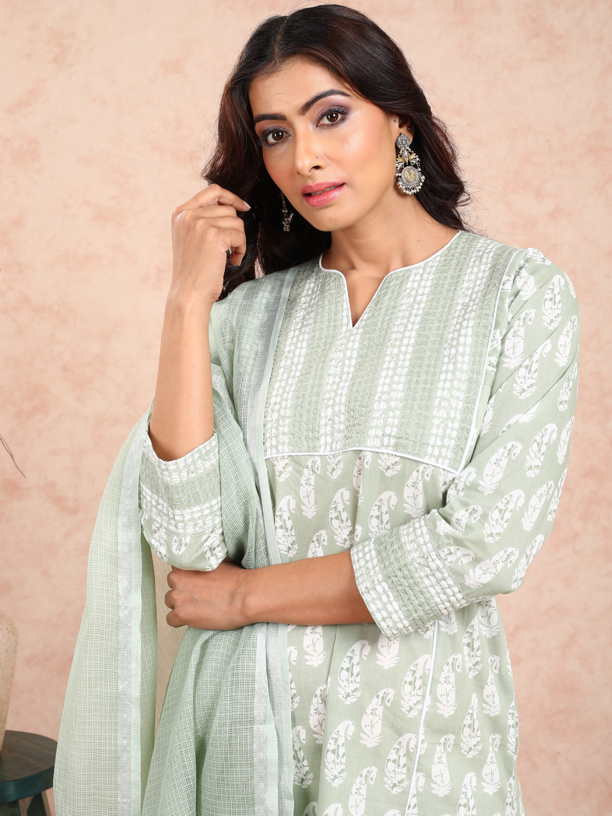 Green Paisley & Cream Print Adab Kurta UCK22119