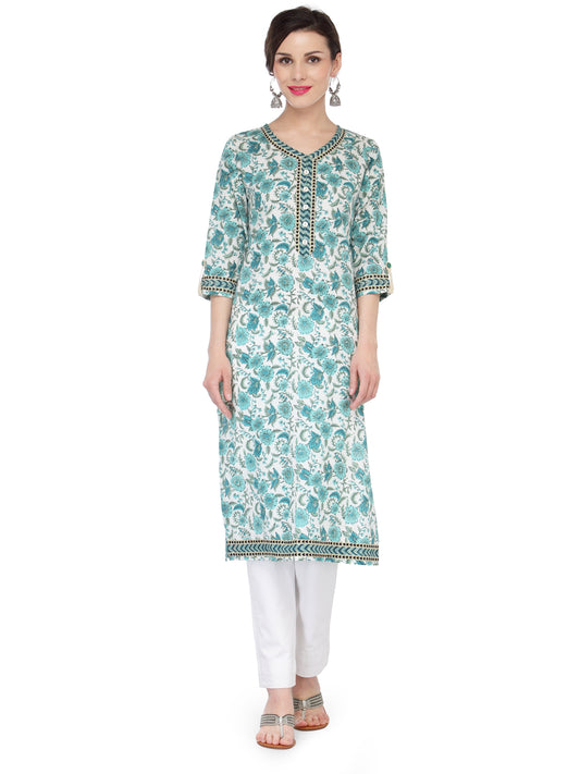 Turquoise Printed Ladies Fashionable Cotton Kurta JP1123