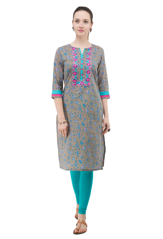 Inhabit Ash Coloured Printed Cotton Kurta for Women JP1153
