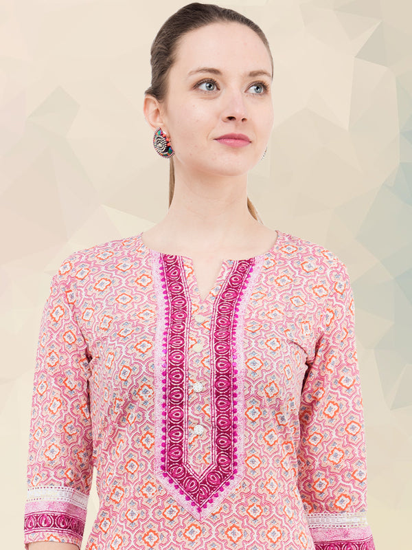 Light pink long cotton printed kurta JP1159