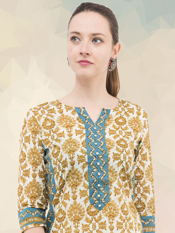 Inhabit Mustard contrast print placket kurta JP1160
