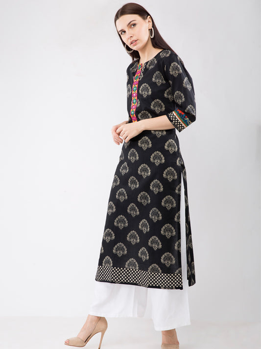 Inhabit Extra Long Black Printed Kurti With Embroidered Placket JPL1140