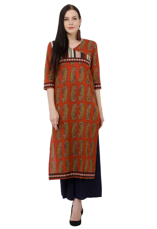 Inhabit brand Stylish cotton Long kurti in rust color paisley print JPL1147