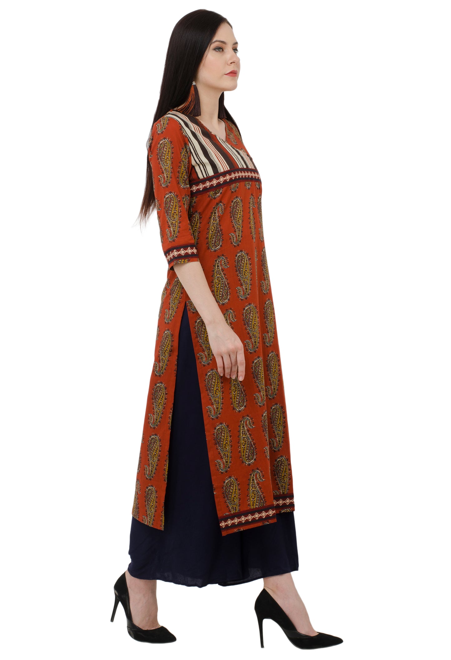 Inhabit brand Stylish cotton Long kurti in rust color paisley print JPL1147