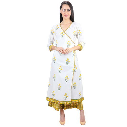 Yellow Print Angrakha Kurta Palazzo Set UCEN19023