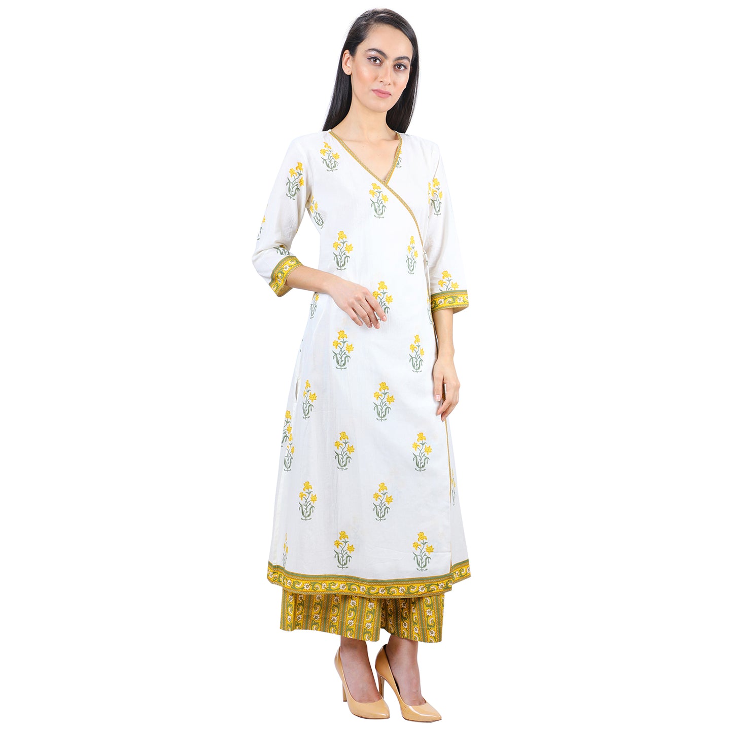 Yellow Print Angrakha Kurta Palazzo Set UCEN19023