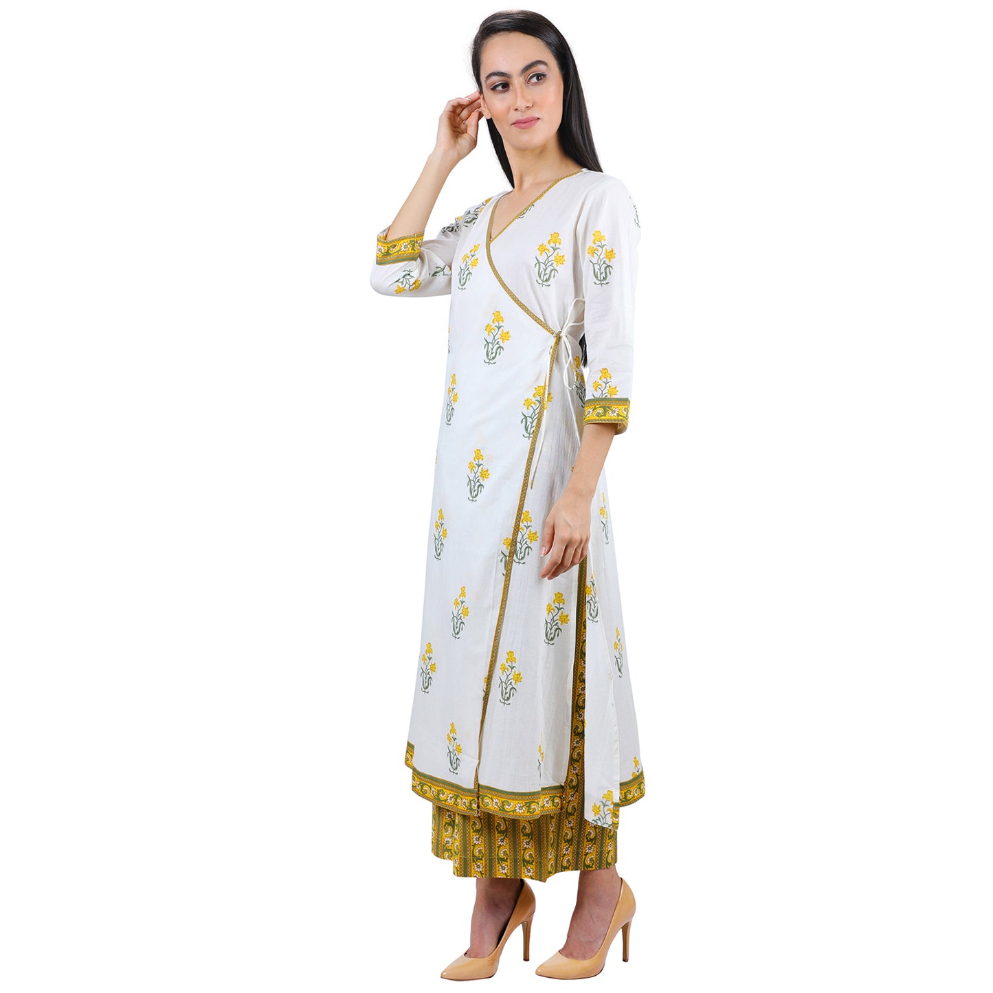 Yellow Print Angrakha Kurta Palazzo Set UCEN19023