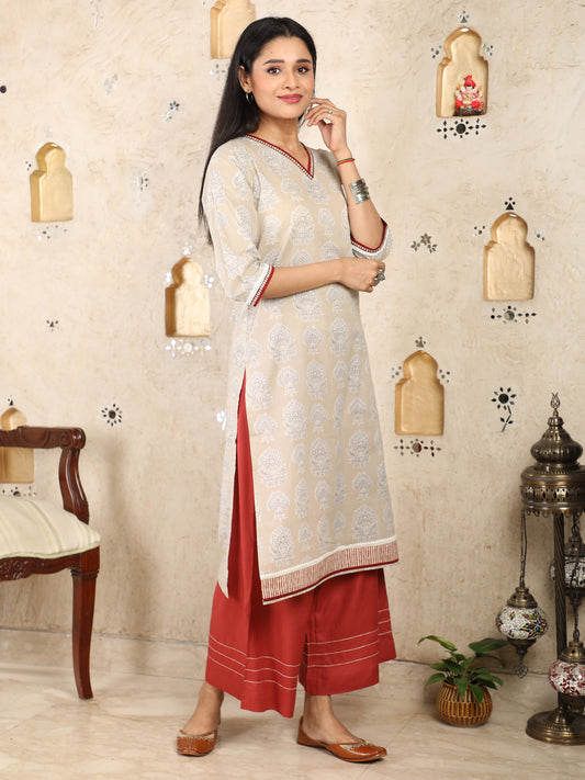 V-Neck Pastel Office Wear Cotton Kurti UCK22002