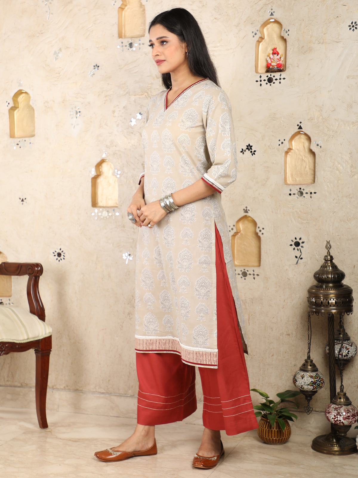 V-Neck Pastel Office Wear Cotton Kurti UCK22002