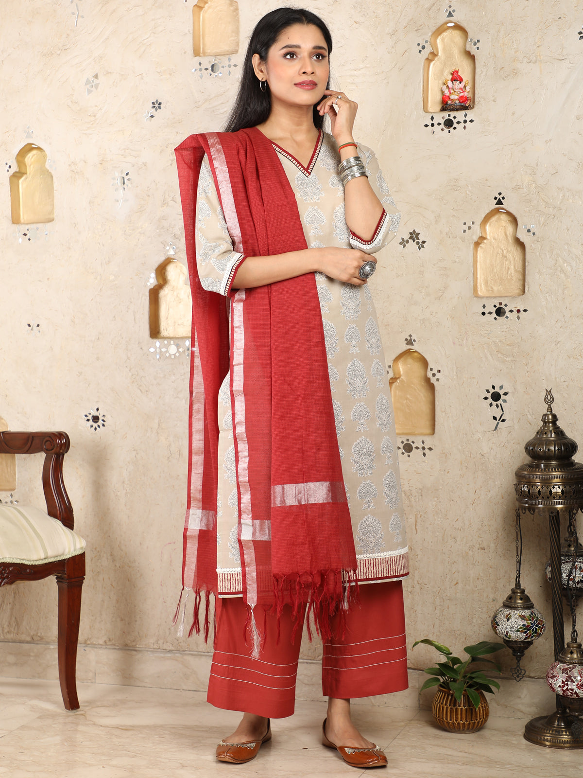 V-Neck Pastel Office Wear Cotton Kurti UCK22002