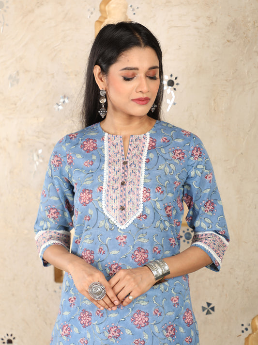 Block Print Blue Mulmul Kurti UCK22006