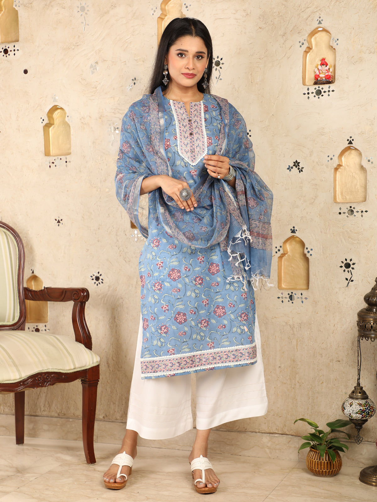 Block Print Blue Mulmul Kurti UCK22006