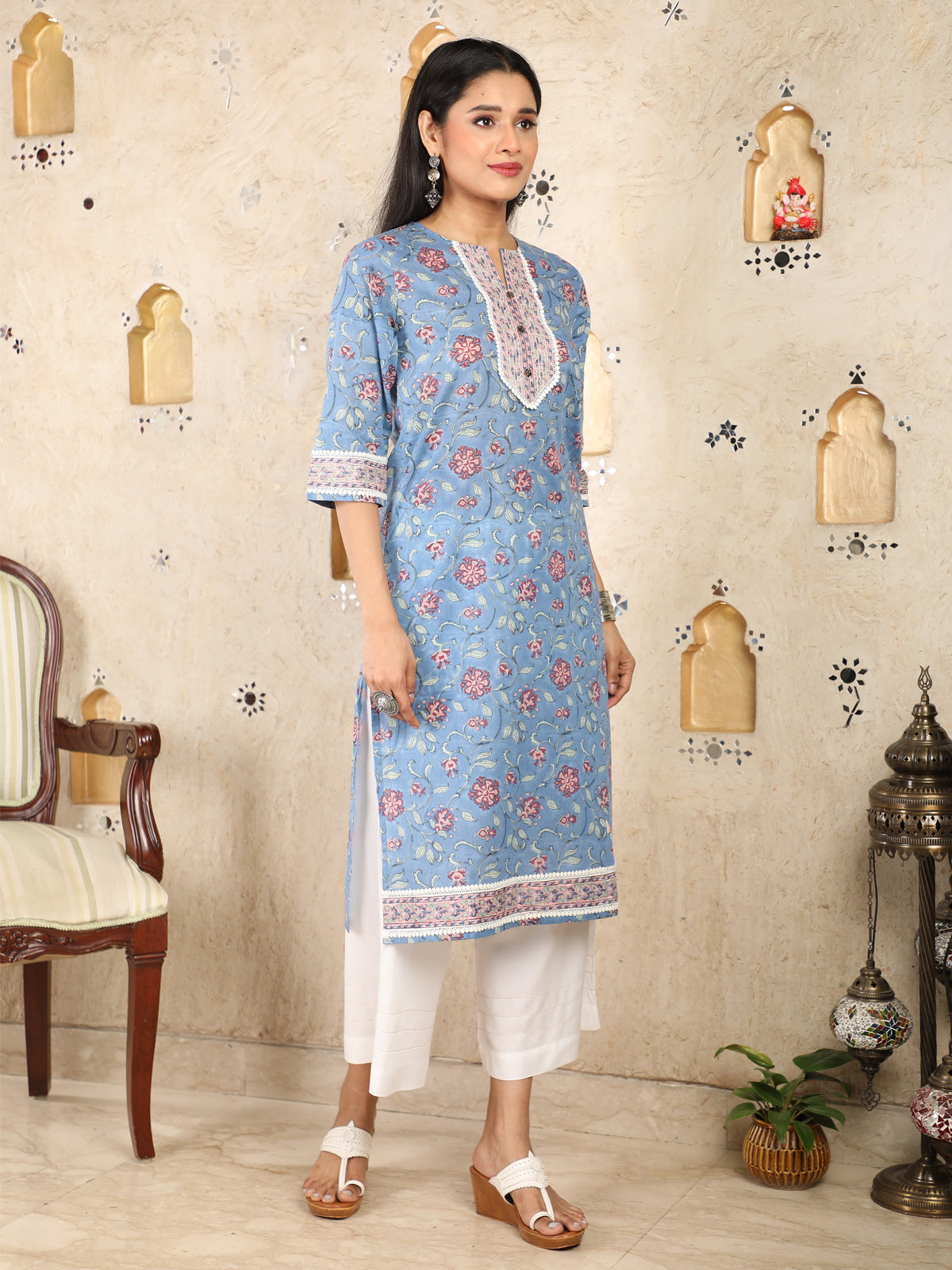 Block Print Blue Mulmul Kurti UCK22006